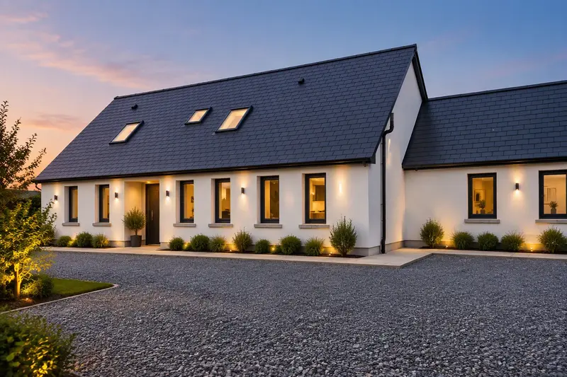 Montbretia House at dusk, with lights on in the windows